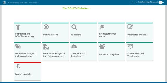 Screenshot der Modulübersicht im DOLCE-Kurs, die neun unterschiedliche Themenmodule zeigt