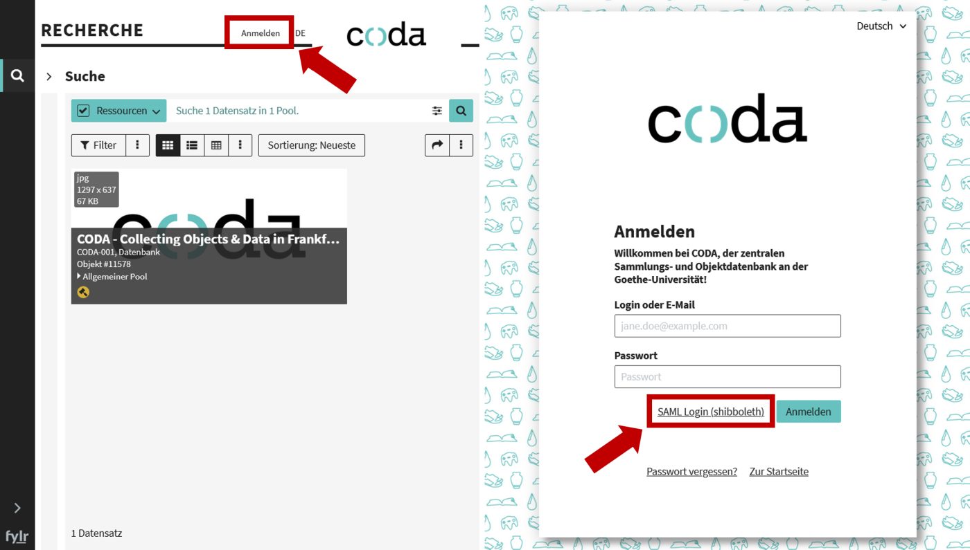 Eine Collage eines Screenshots der Oberfläche von CODA mit hervogehobenem Button zum Anmelden sowie eines Screenshots der Anmeldemaske mit hervorgehobenem Button für SAML Login